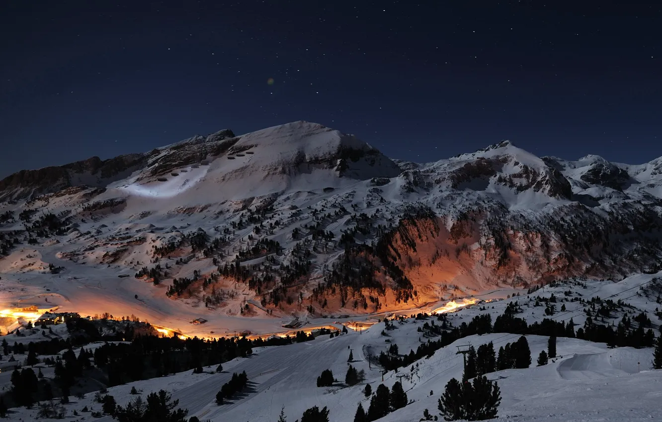 Photo wallpaper snow, night, stars, Mountains