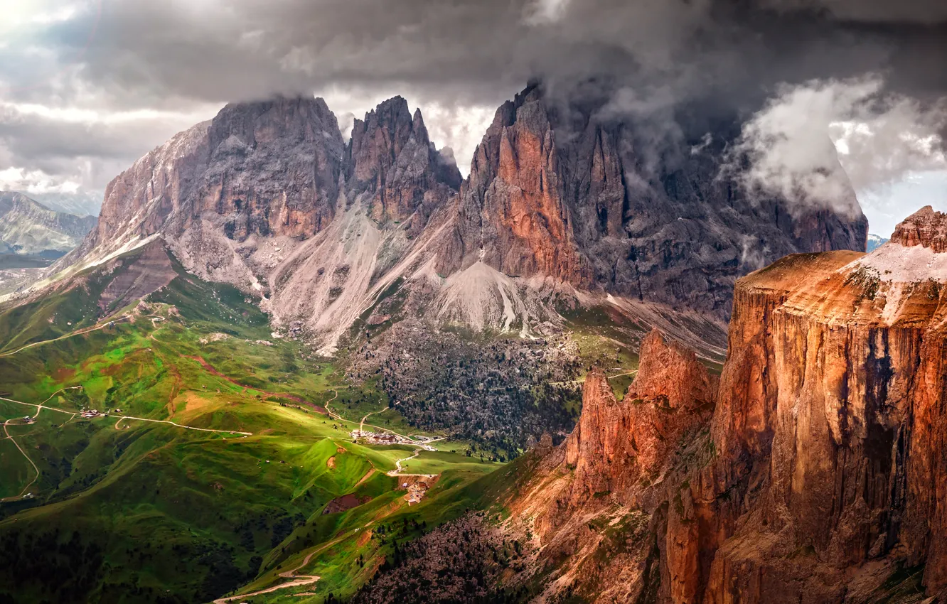 Photo wallpaper summer, the sky, mountains, clouds, rocks, valley, Alps, Italy