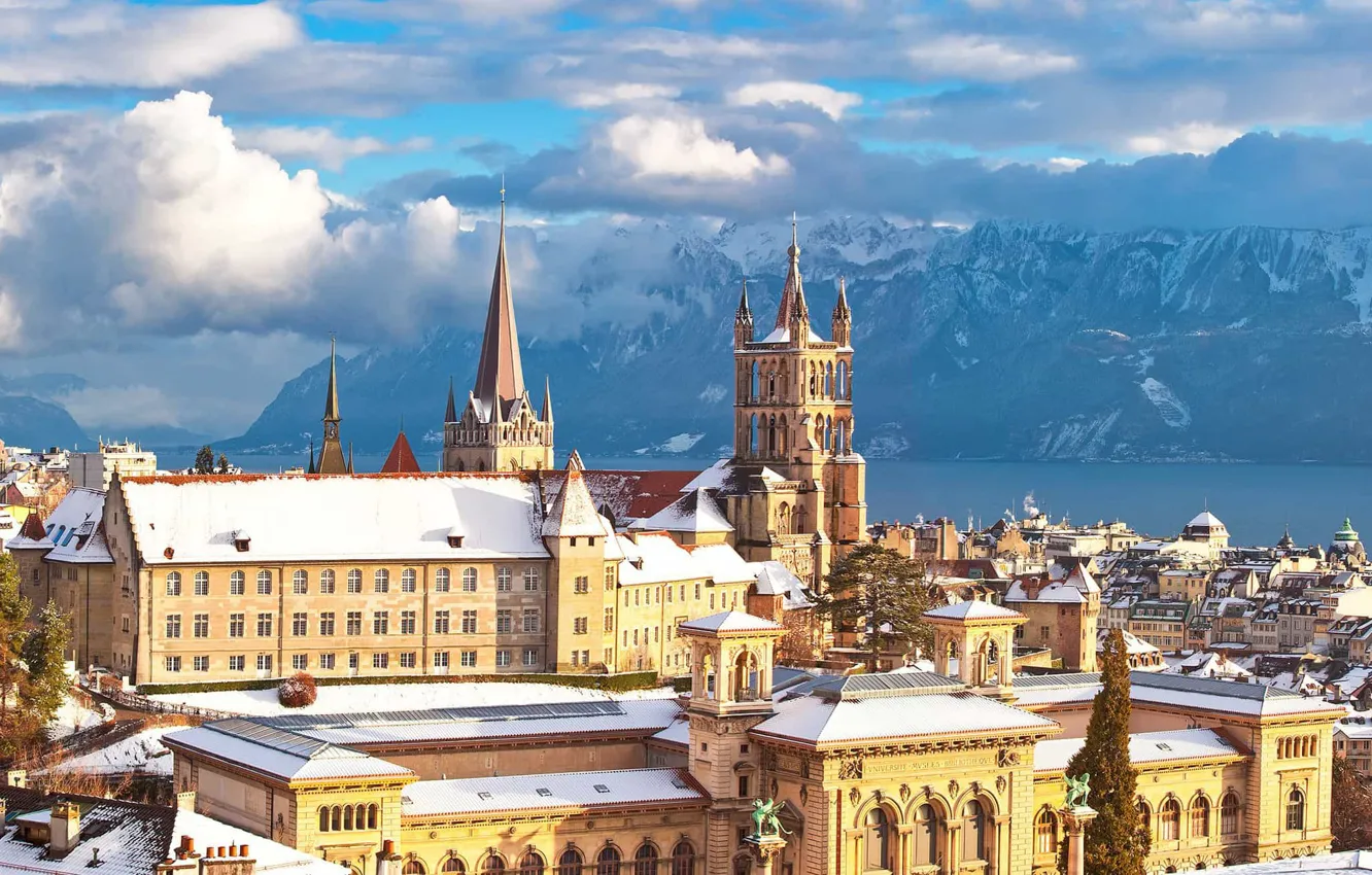 Photo wallpaper mountains, lake, Switzerland, Alps, Lausanne