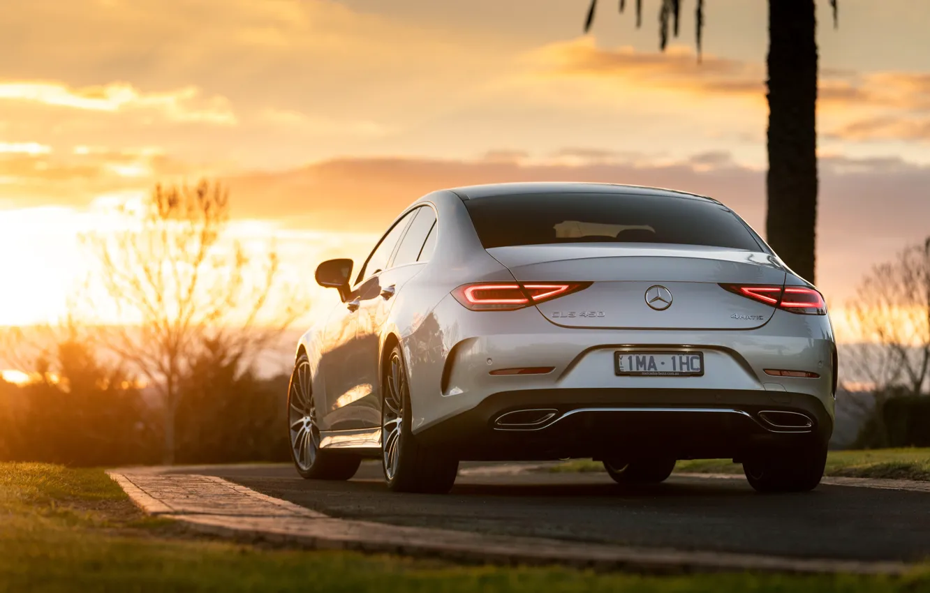 Photo wallpaper sunset, Mercedes-Benz, CLS, sedan, rear view, 2018, 450, 4MATIC