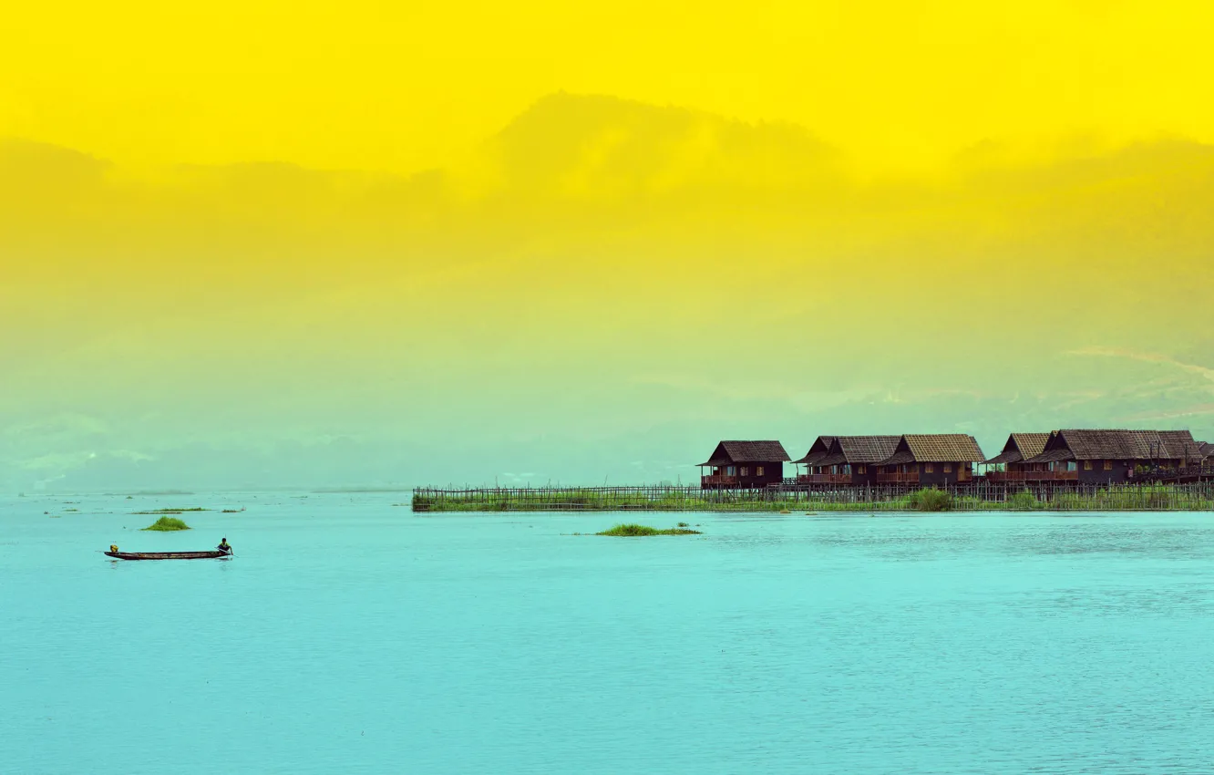 Photo wallpaper sea, the sky, mountains, lake, boat, home, Asia