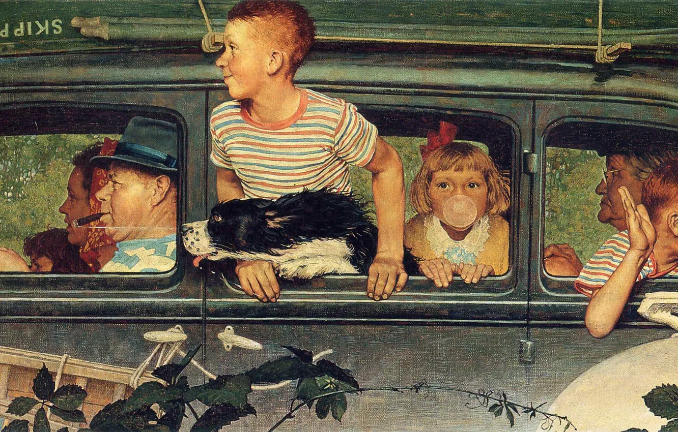 Photo wallpaper machine, dog, trip, Illustration, adults and children, Norman Rockwell