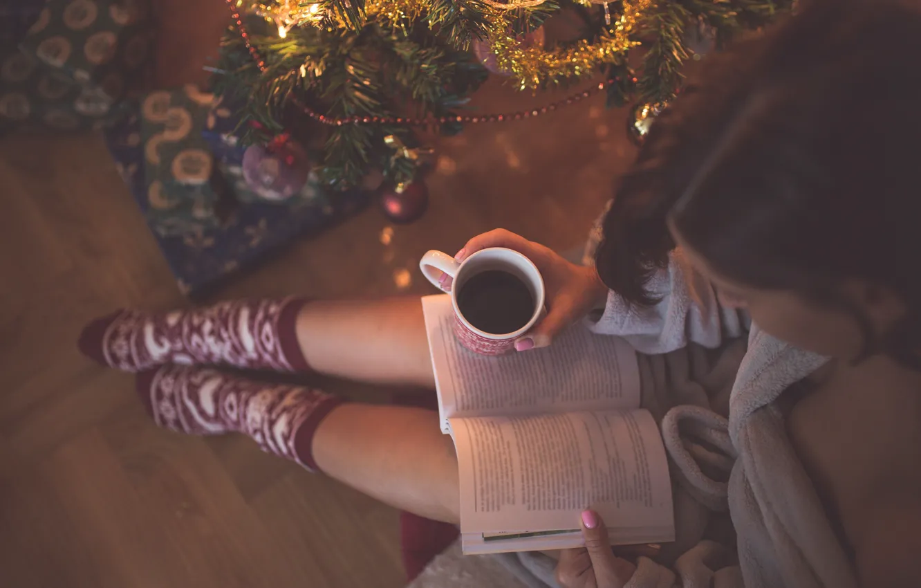 Photo wallpaper girl, heat, mood, tree, coffee, lights, New Year, Christmas