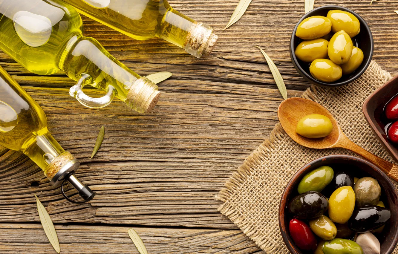 Photo wallpaper bottle, spoon, olives, olives, olive oil