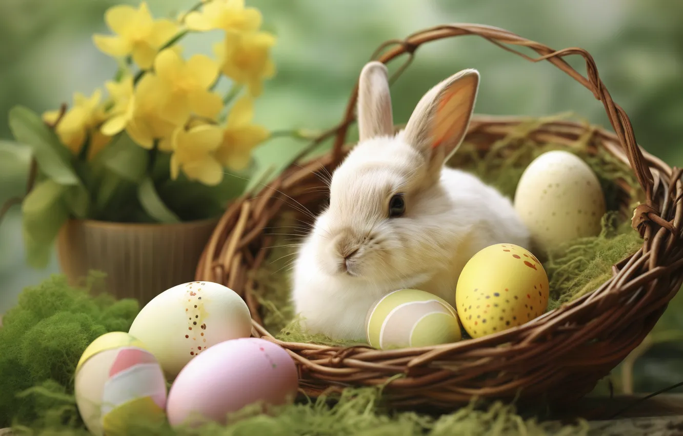 Photo wallpaper flowers, eggs, rabbit, Easter, socket, basket, eggs, neural network