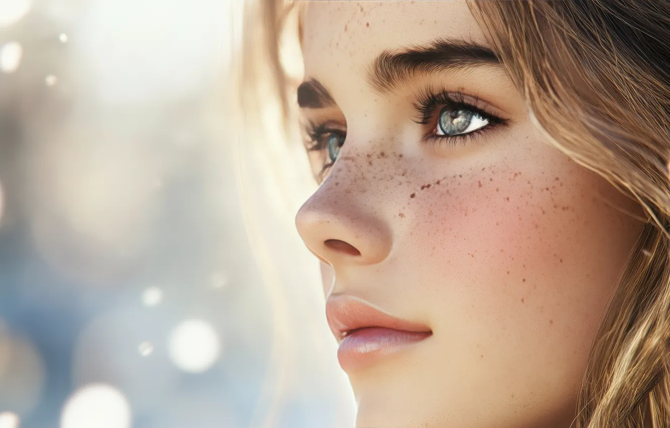 Photo wallpaper winter, look, girl, light, snow, close-up, face, portrait