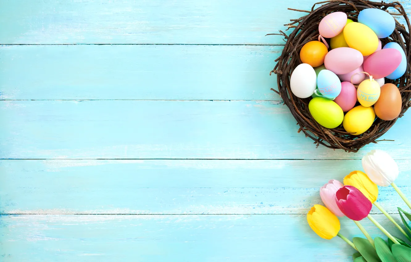 Photo wallpaper holiday, eggs, Easter, socket, tulips