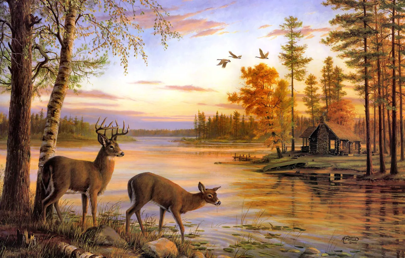 Photo wallpaper river, nature, painting, deer, Mary Pettis, birch, Quiet Evening