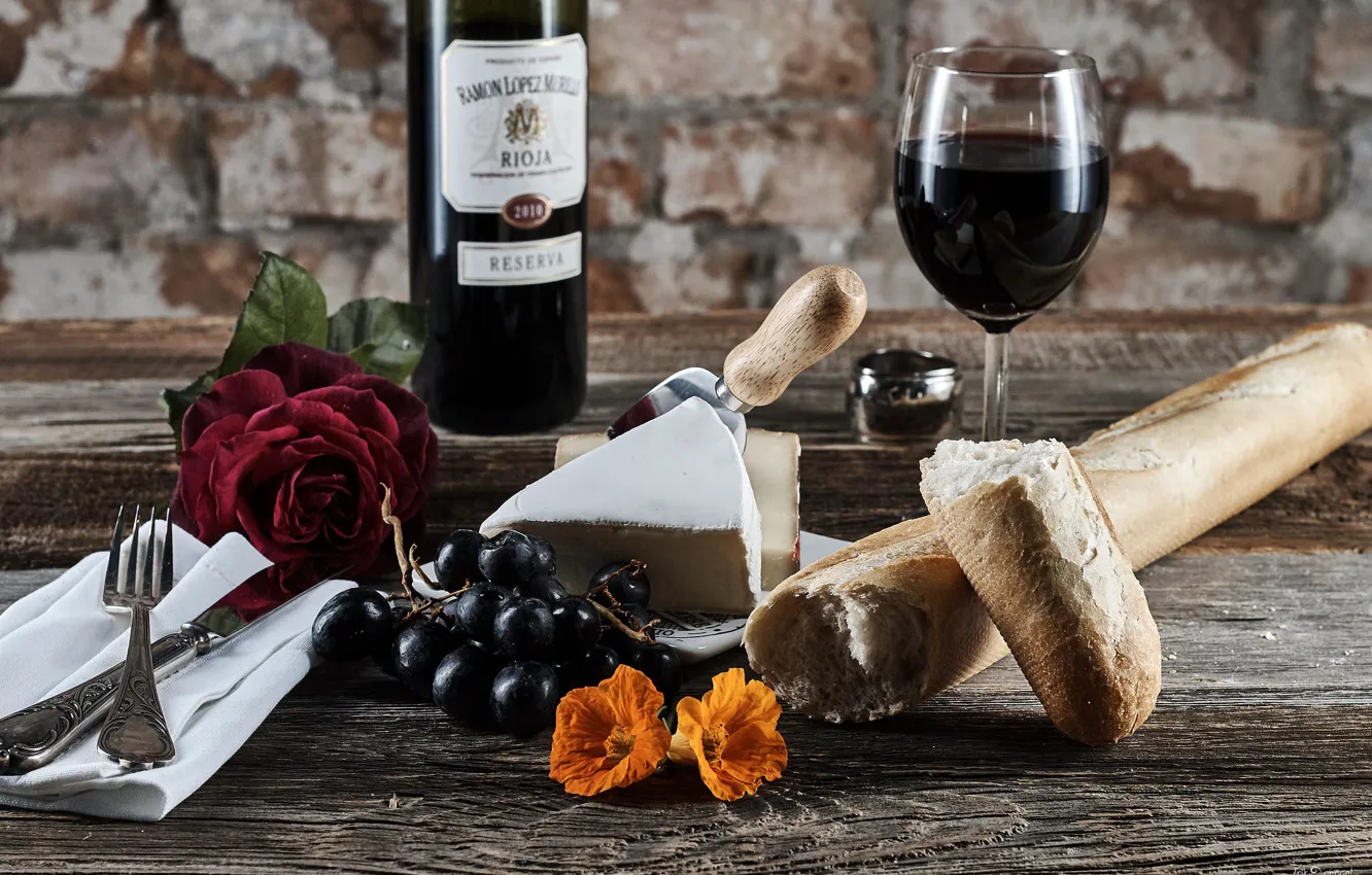Photo wallpaper wine, cheese, bread, grapes, baton