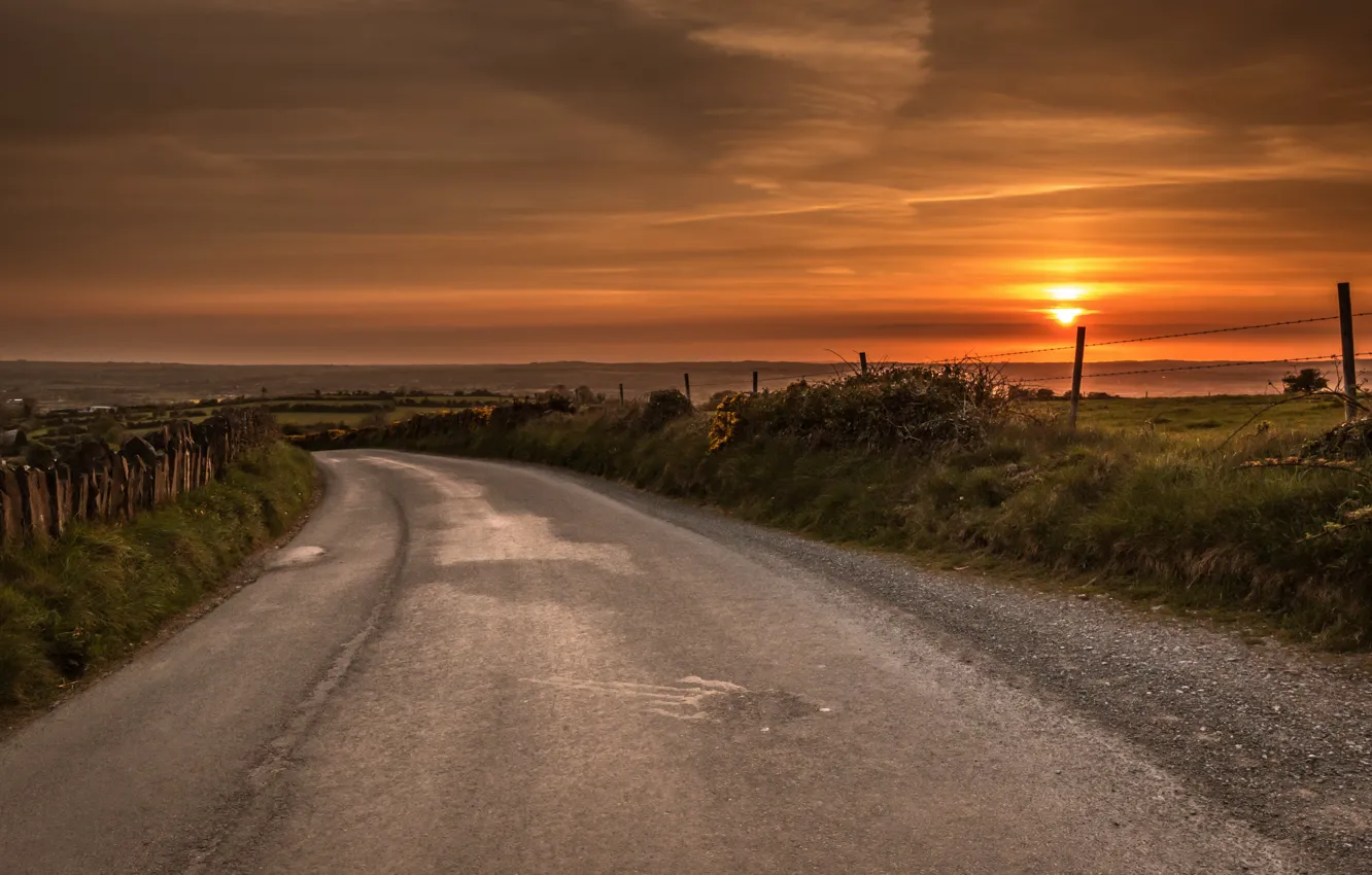 Photo wallpaper road, sunset, the fence
