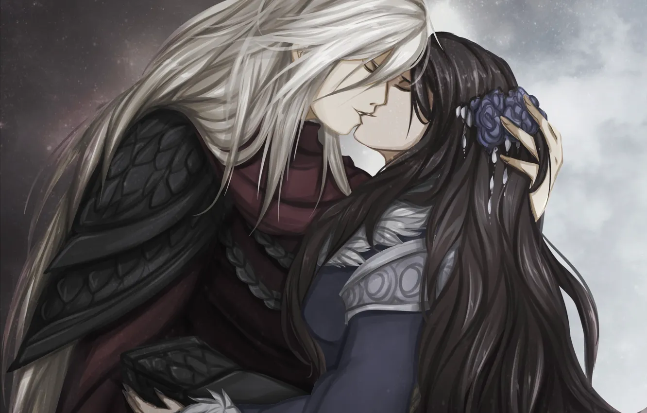 Photo wallpaper girl, kiss, art, guy, long hair