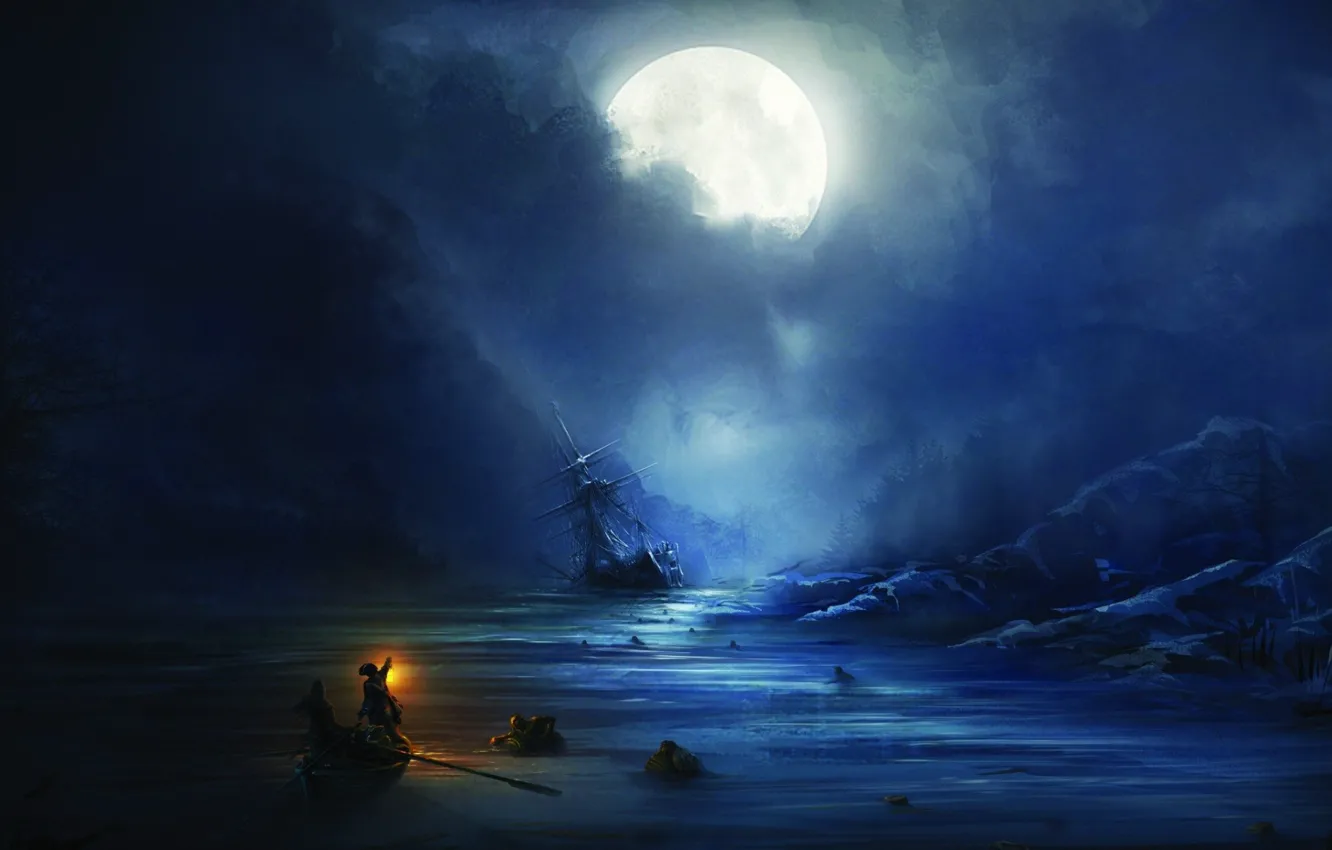 Photo wallpaper moon, fantasy, game, sea, people, Assassin's Creed, moonlight, ship