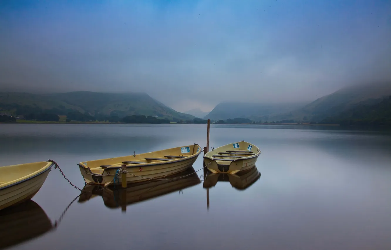 Photo wallpaper the sky, clouds, mountains, lake, boat, the evening