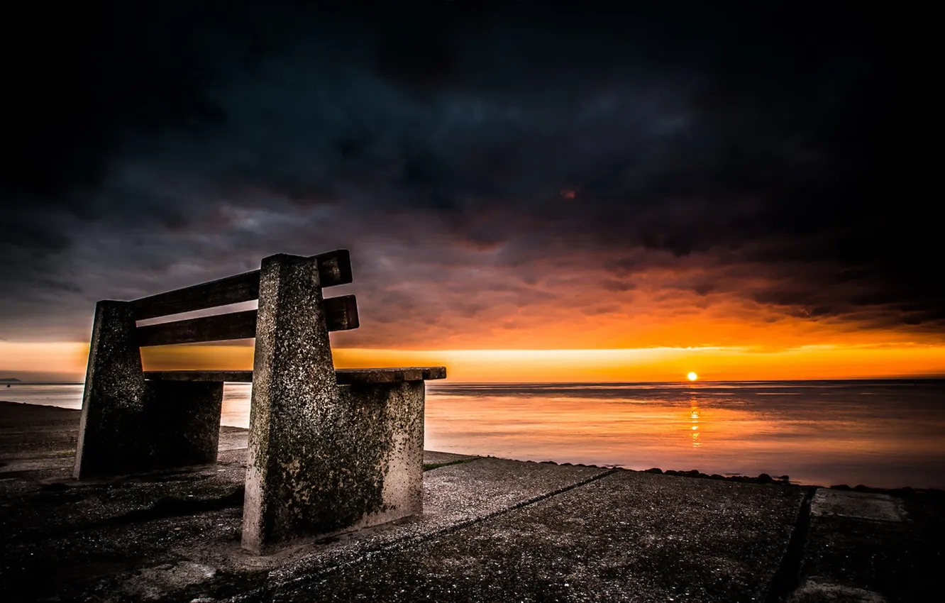 Photo wallpaper sea, night, bench