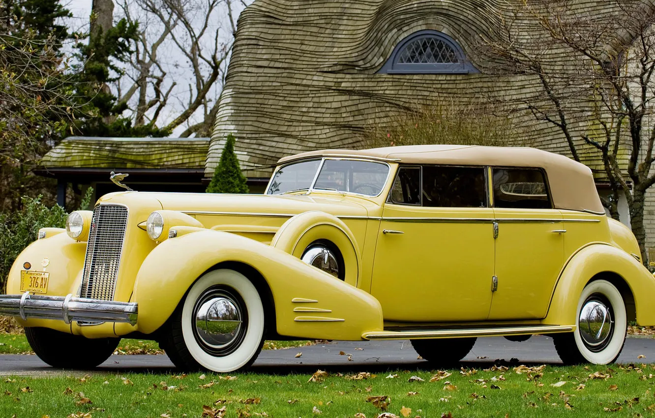 Photo wallpaper autumn, grass, leaves, retro, street, Cadillac, Imperial, convertible