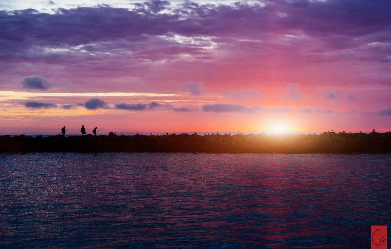Photo wallpaper water, the sun, clouds, dawn, CA, fishermen, California