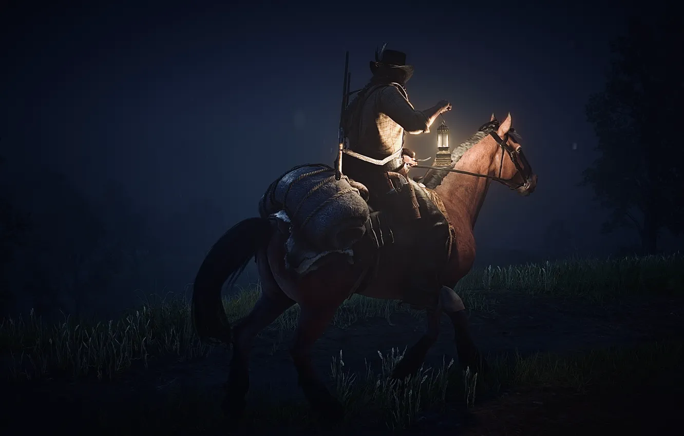 Photo wallpaper HDR, Mustang, light, game, night, horse, lamp, UHD