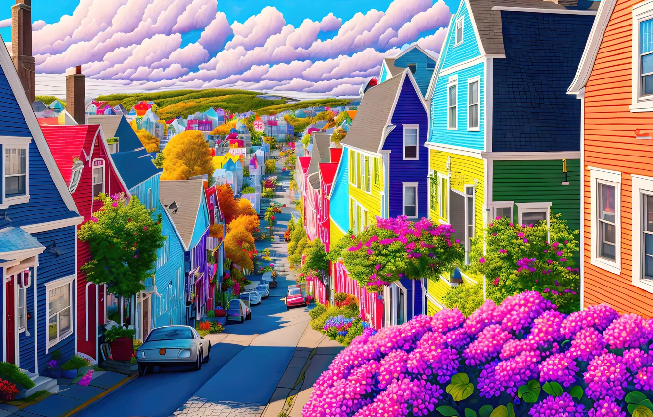 Photo wallpaper road, roof, machine, summer, clouds, light, landscape, flowers