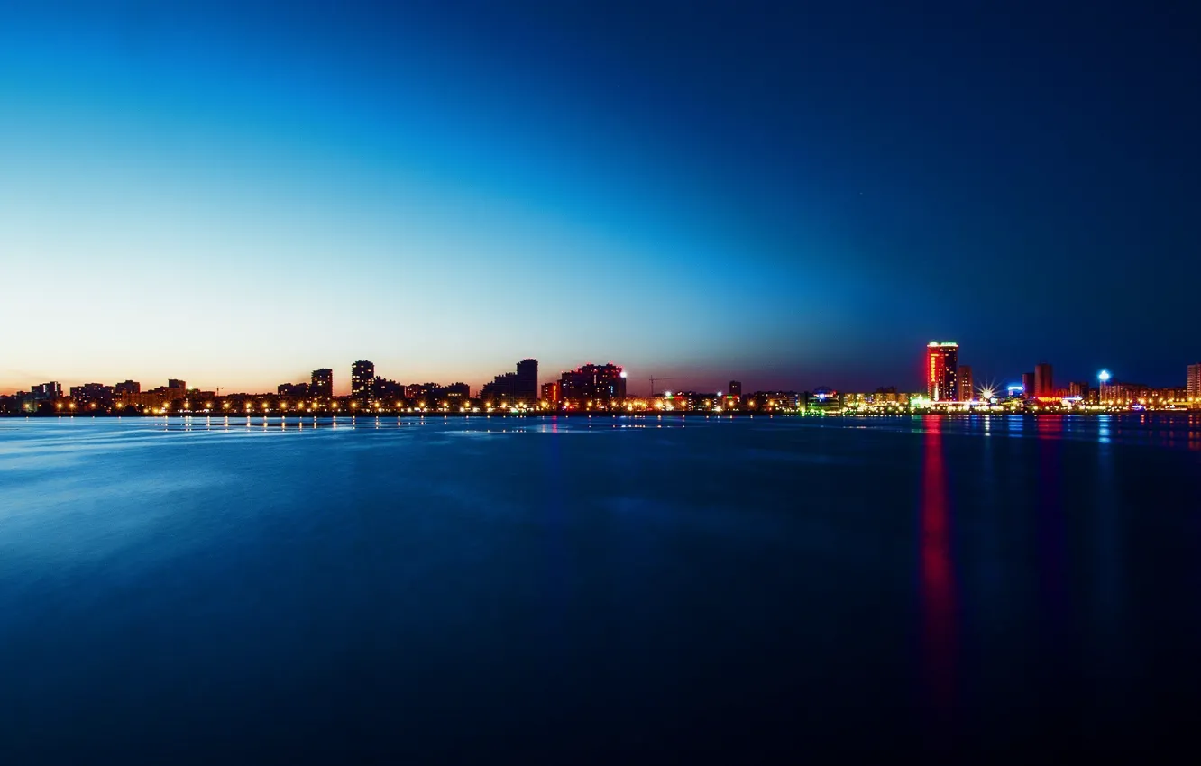 Photo wallpaper lights, reflection, lights, river, twilight, promenade, Kazan, water surface