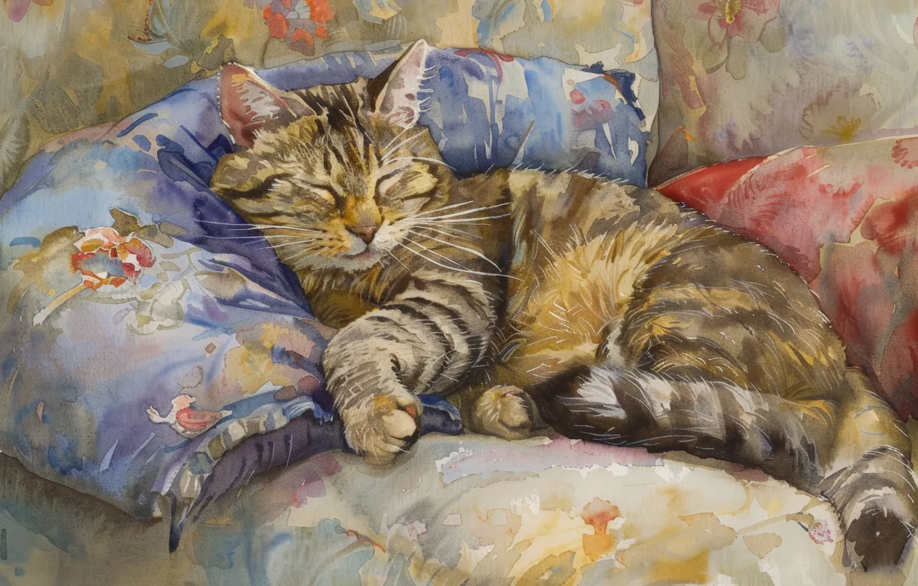 Photo wallpaper cat, cat, chair, pillow, art, sleeping, digital art, imitation painting