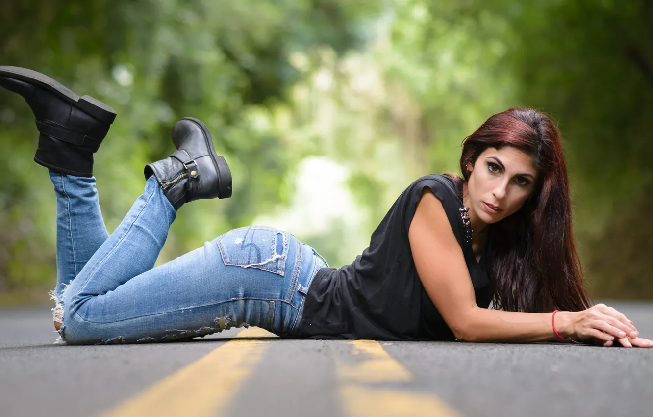 Photo wallpaper road, look, pose, model, jeans, shoes, on the road, Lexi Muhlenbeck