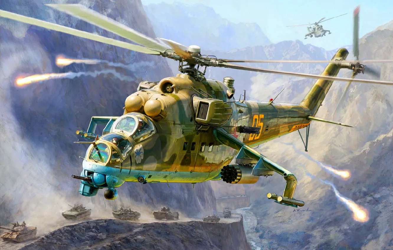 Photo wallpaper USSR, Mi-24V, The war in Afghanistan, Soviet attack helicopter, "Crocodile", Flares