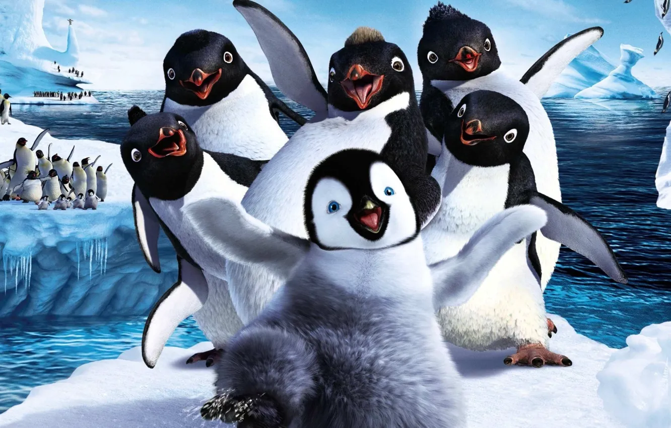 Photo wallpaper ice, winter, snow, cartoon, penguins, Happy feet
