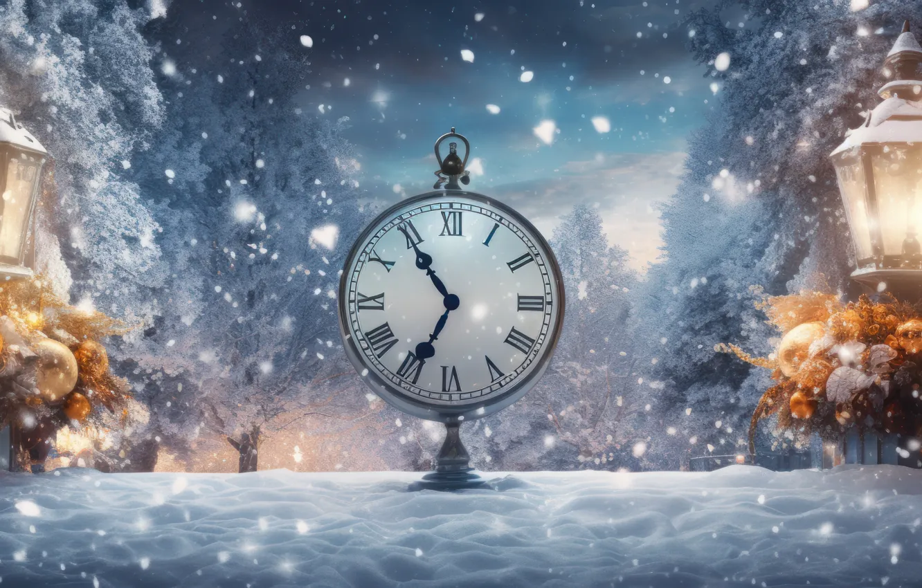 Photo wallpaper winter, snow, night, time, watch, new year, Christmas, panorama