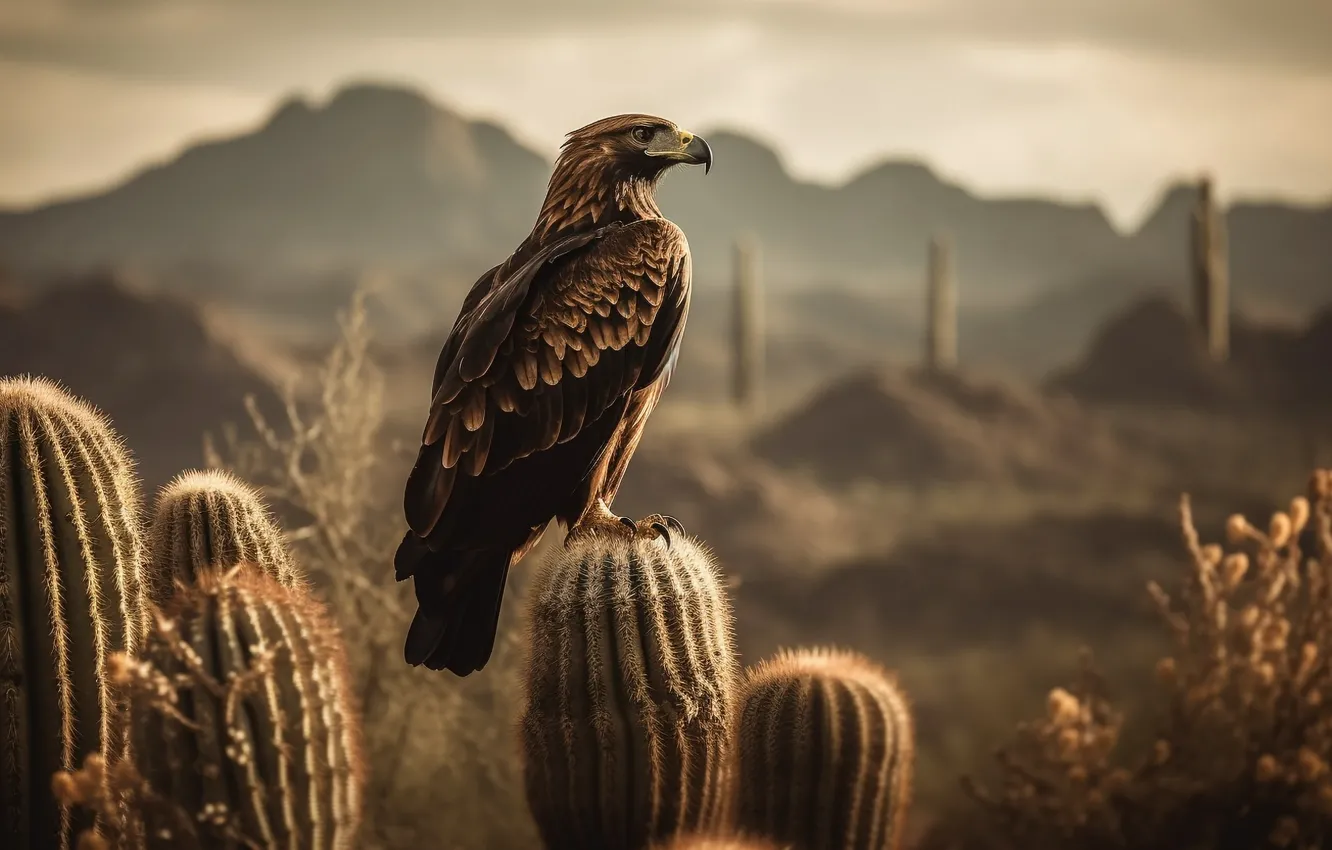 Photo wallpaper Mountains, Bird, Eagle, Cacti, Predator, Digital art, A bird of prey, AI art