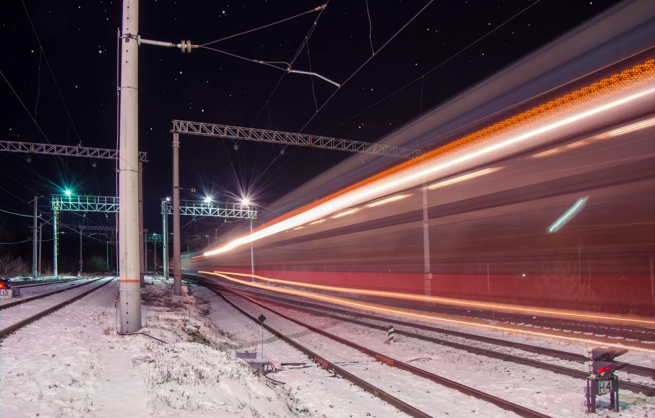 Photo wallpaper stars, night, lights, wire, train, railroad