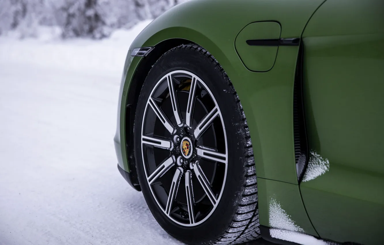 Photo wallpaper snow, wheel, Porsche, green, 2020, Taycan, Taycan 4S
