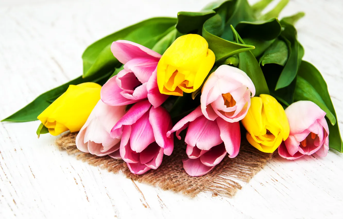 Photo wallpaper flowers, bouquet, tulips, pink, yellow, wood, pink, flowers