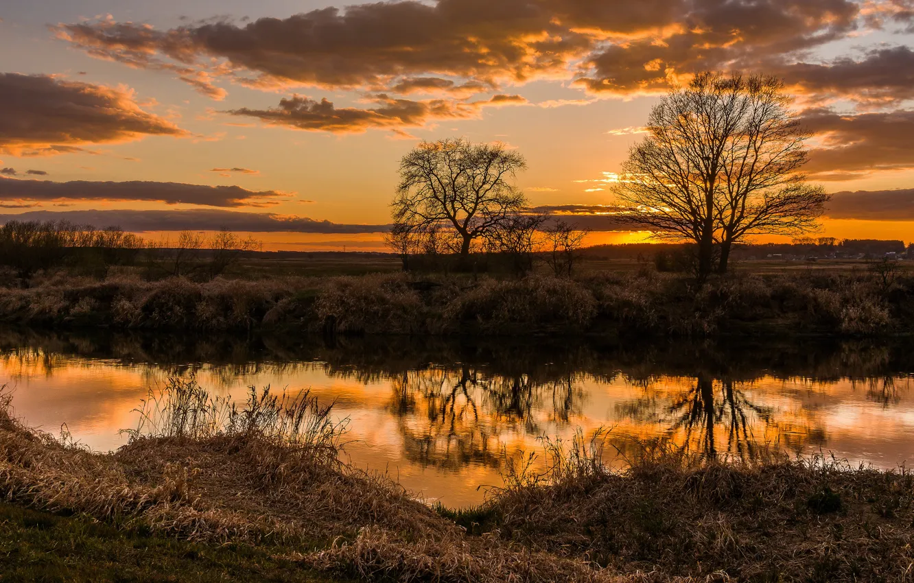 Photo wallpaper autumn, the sky, trees, sunset, reflection, shore, the evening, pond