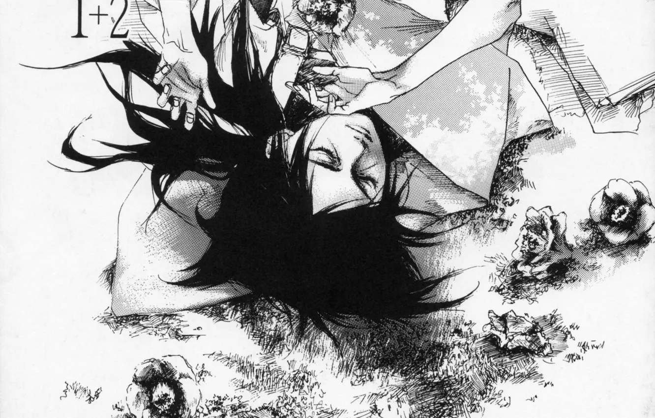 Photo wallpaper figure, black and white, hands, kimono, Itachi Uchiha, Naruto Shippuden, lying on her back, Camellia