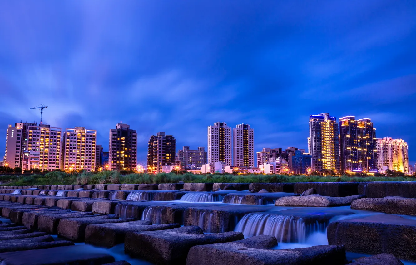Photo wallpaper landscape, the city, river, stones