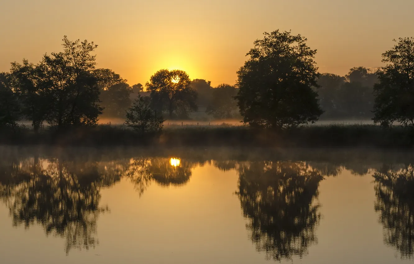 Photo wallpaper landscape, sunset, fog, river