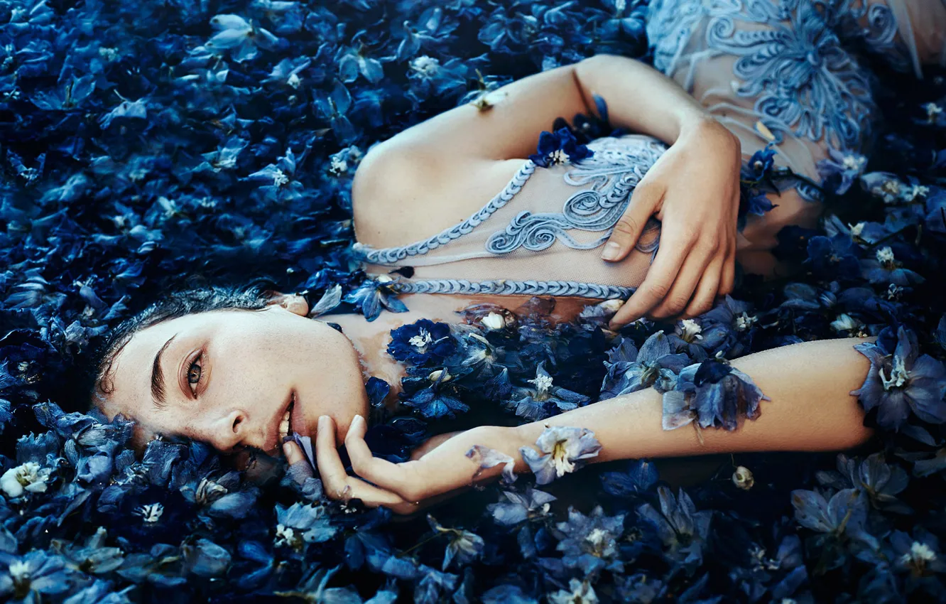 Photo wallpaper look, girl, mood, petals, flowers, Bella Kotak, A sea of blue flowers, Ella Grace Denton