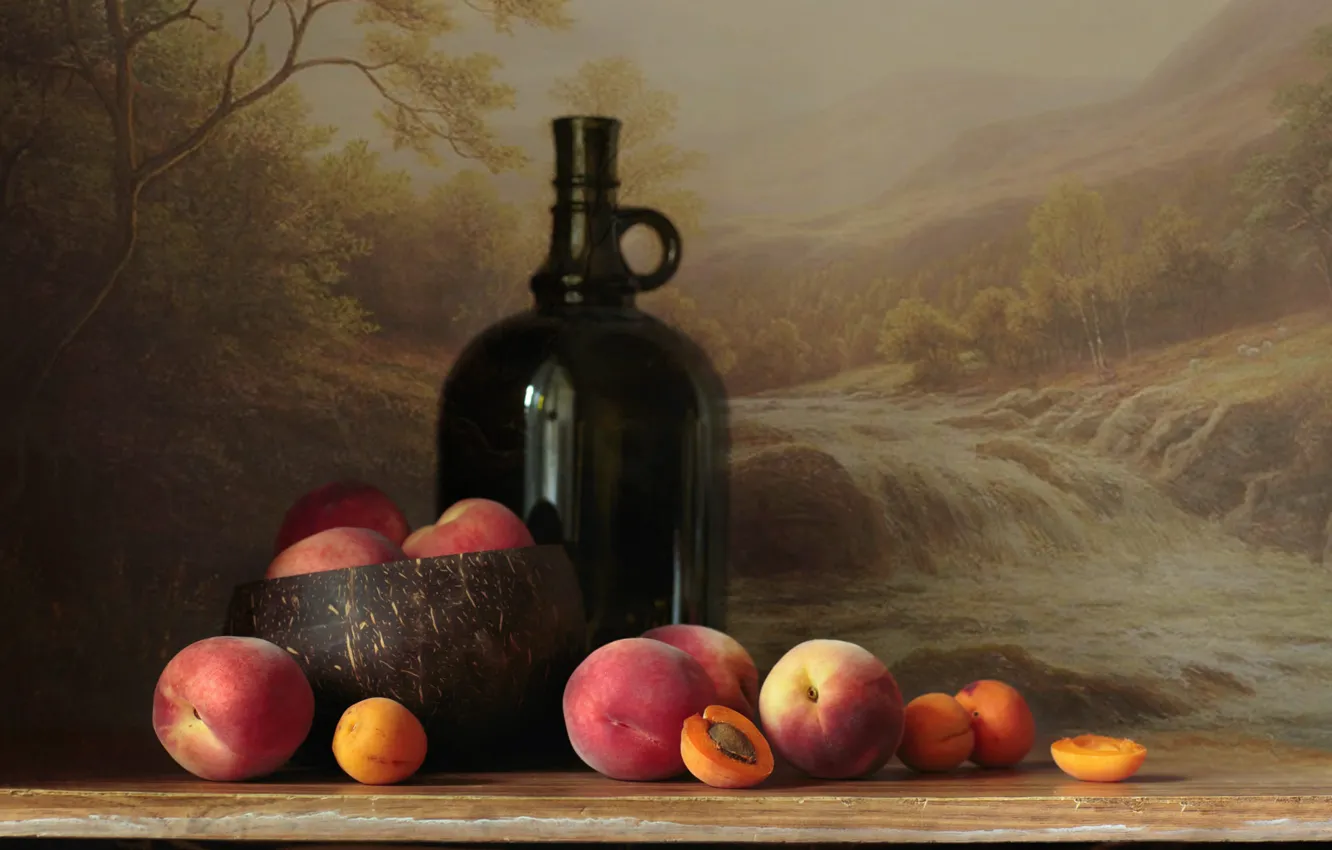 Photo wallpaper background, bottle, picture, bowl, fruit, still life, peaches, apricots