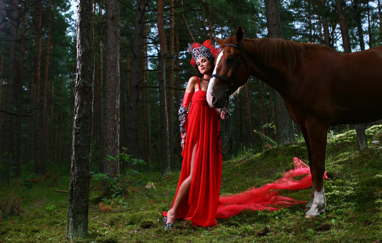 Photo wallpaper forest, look, girl, nature, horse, horse, red dress, in red