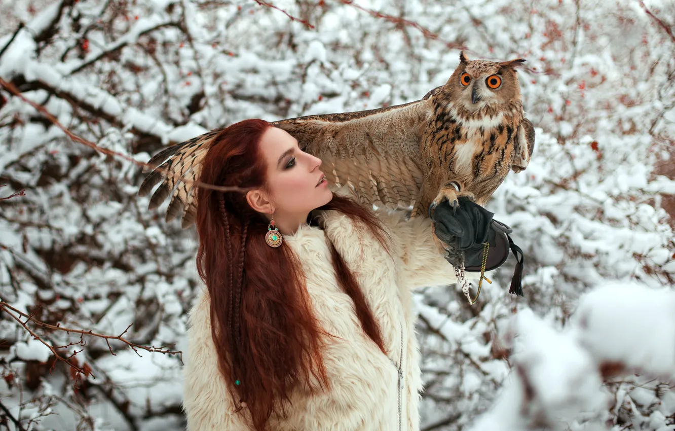 Photo wallpaper winter, girl, owl, braids, red, owl