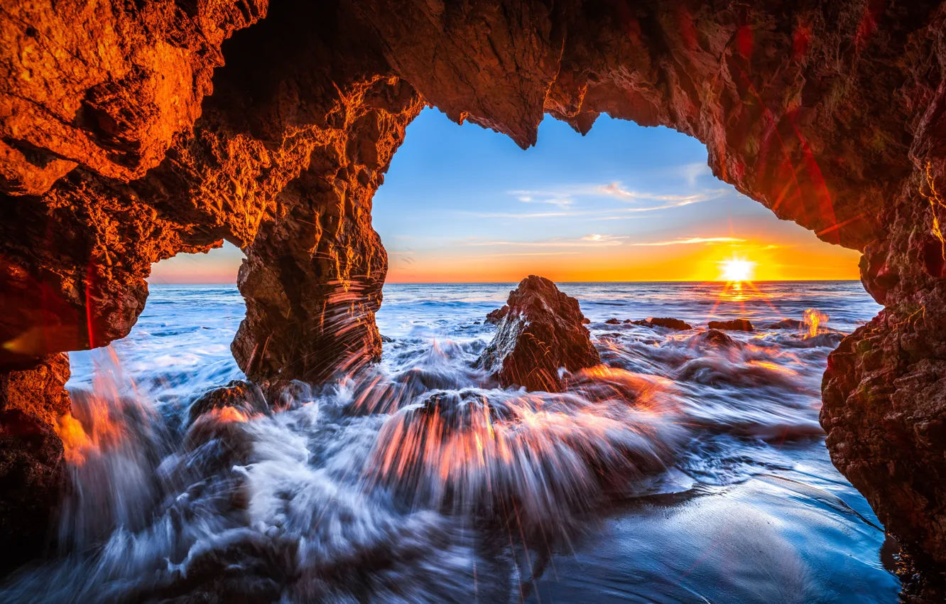Photo wallpaper sunset, the ocean, rocks, CA, surf, Pacific Ocean, California, the grotto