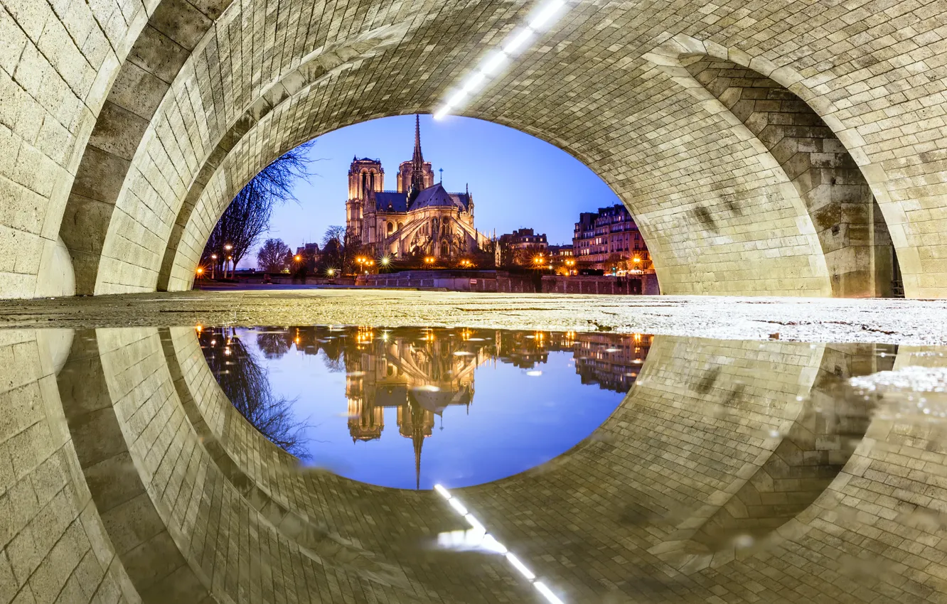 Photo wallpaper light, reflection, bridge, the city, France, Paris, puddle, Notre Dame Cathedral