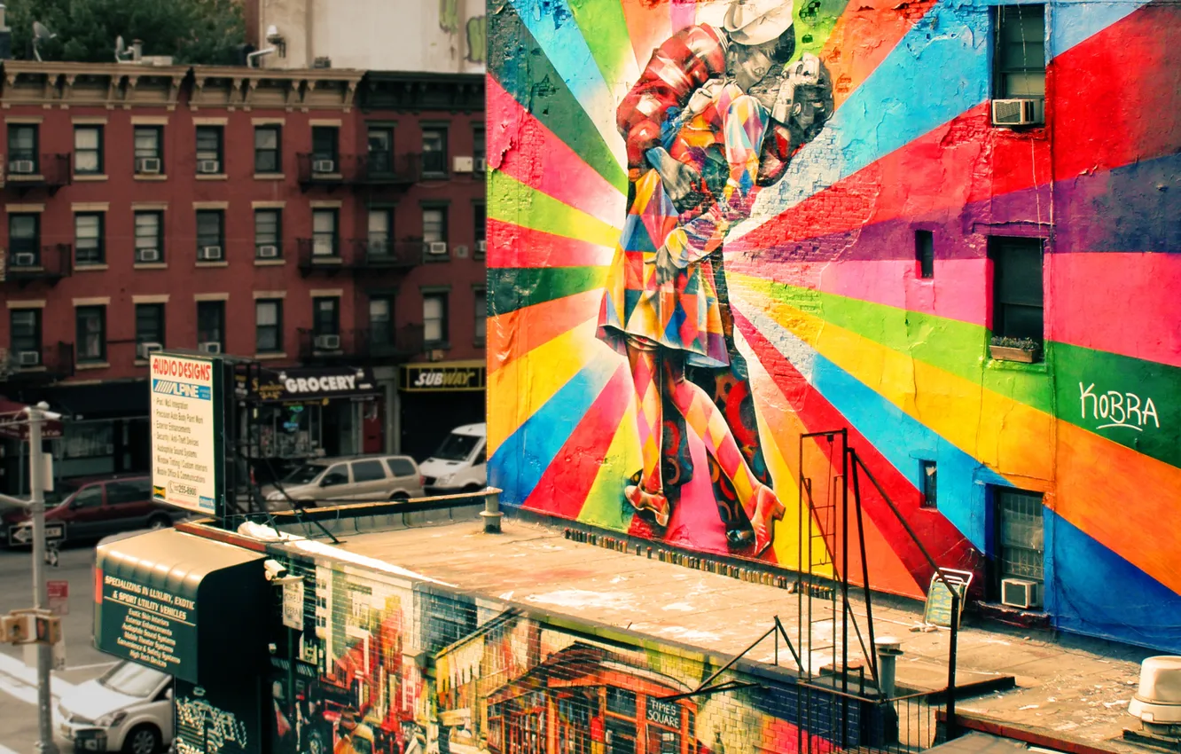 Photo wallpaper city, the city, street, building, kiss, car, cars, street