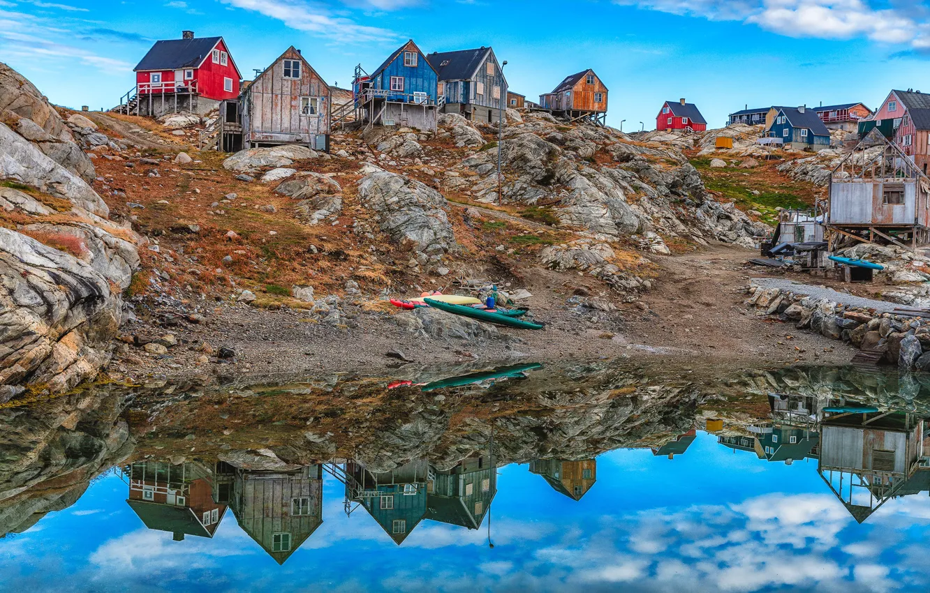 Photo wallpaper the sky, clouds, reflection, home, the village, Greenland