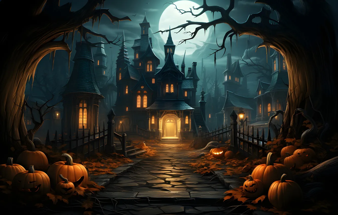 Photo wallpaper trees, night, clouds, lights, the moon, home, track, Halloween