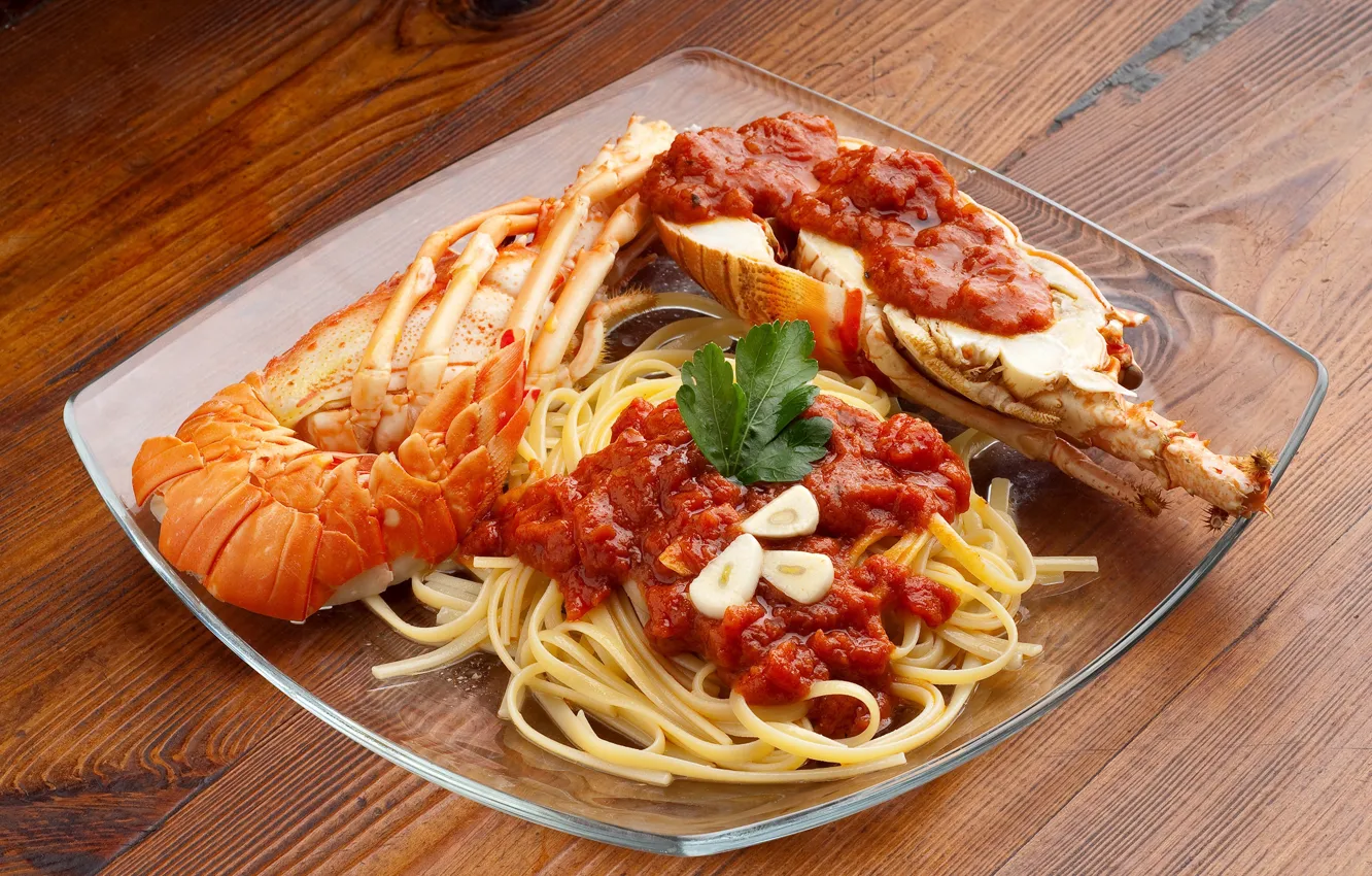 Photo wallpaper plate, shrimp, sauce, seafood, pasta