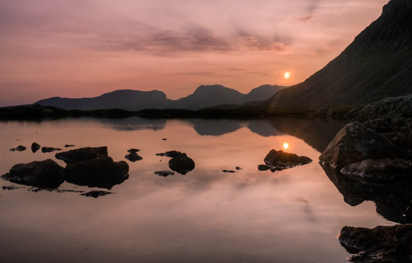 Photo wallpaper sunset, mountains, lake, reflection, England, England, Lake District, The lake district