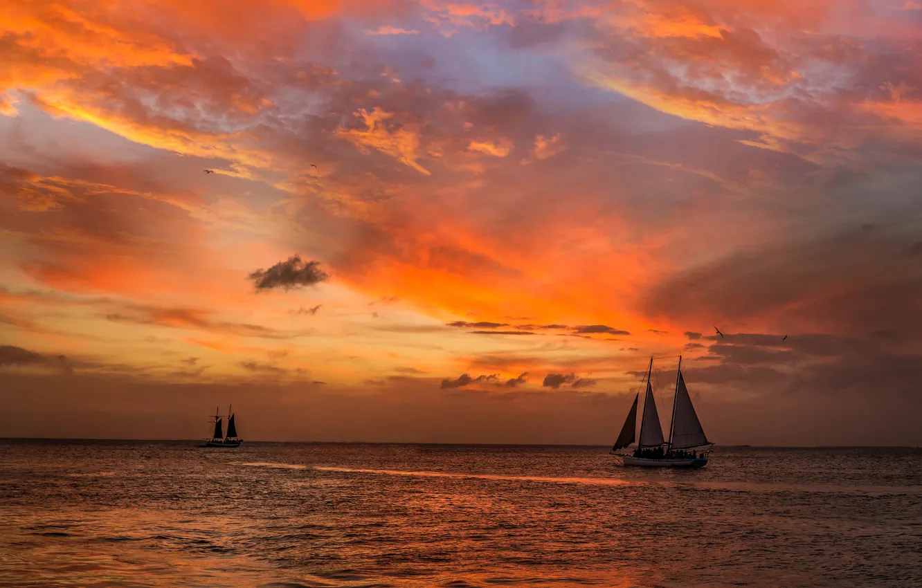 Photo wallpaper sea, the sky, clouds, light, sunset, ship, sailboat, the evening