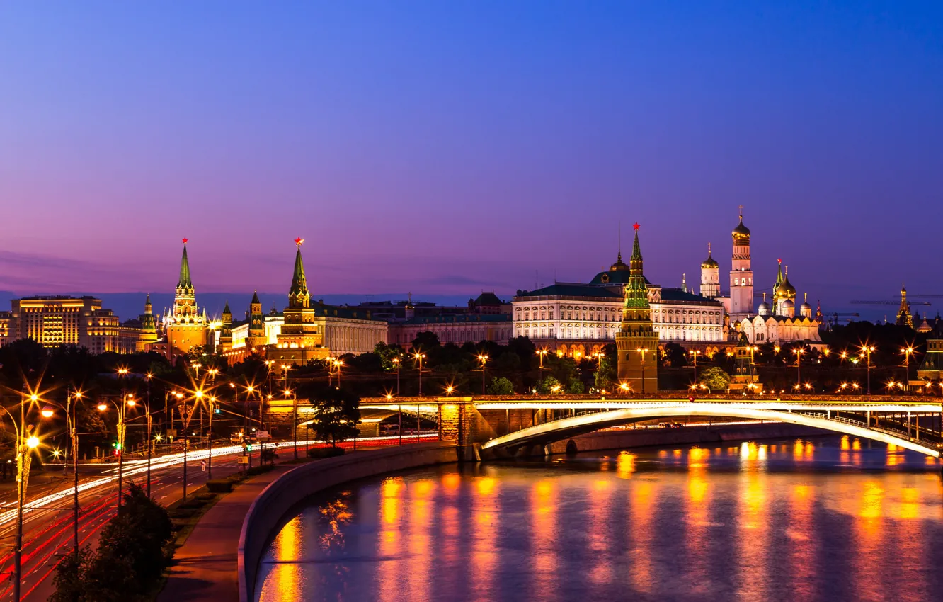 Photo wallpaper bridge, river, Moscow, The Kremlin, Russia, night city, promenade, The Moscow river