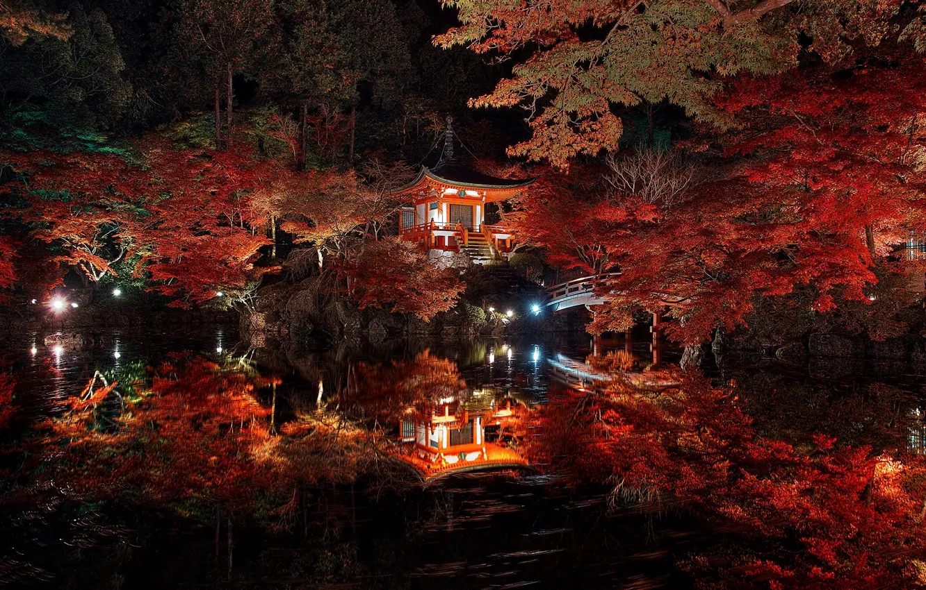 Photo wallpaper autumn, water, night, bridge, nature, lights, Japan, house